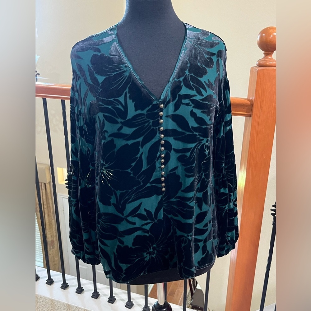 Sundance Teal and Black Floral Burnout V-Neck Blouse women size XS